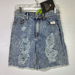 New Indigo Rein Shorts Womens 5 Denim Super High Rise distressed holes Raw hem‎